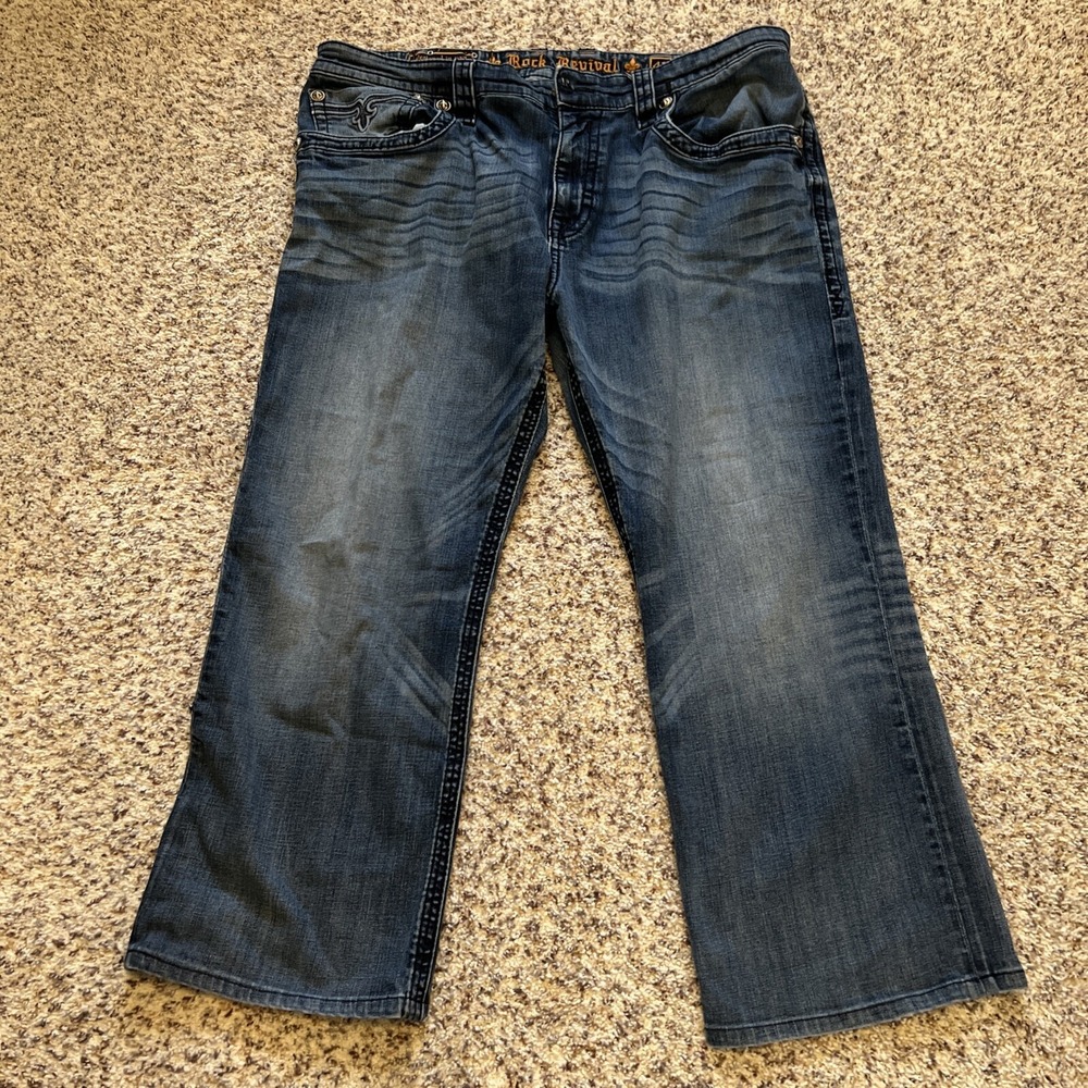 Rock Revival Straight Jeans Mens 42x26 Ray Blue Thick Stitch Whiskers Faded Wash